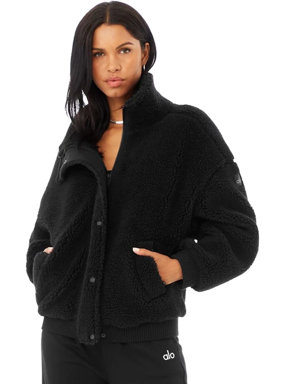 ALO Yoga Black Teddy Sherpa Jacket with Stand Collar